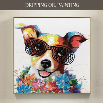 Artist profesionist de Mână-pictat Animale Amuzant Câine Pictură în Ulei pe Pânză Pictură Frumoasă Câine de Companie cu Flori pentru Decor de Perete
