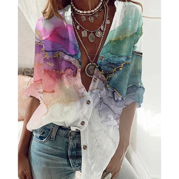 Marmura De Imprimare Jachetă Lungă Maneca Cămașă 2023 Femei De Sex Feminin Vara Primavara Casual V Gât Bluza Imprimeu Supradimensionat Sus Streetwear
