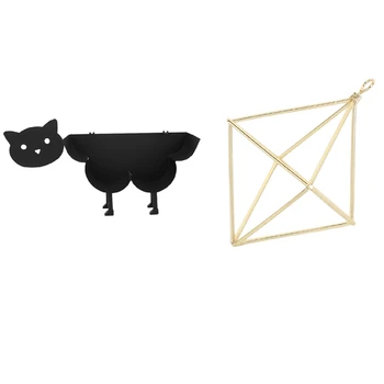 1 Buc Geometrice Batante Din Fier Forjat Plante De Aer Titular & 1 Buc Pisica Neagra Toaletă Roll Holder Suport Prosop De Hârtie
