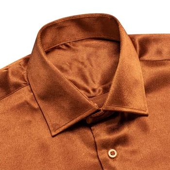 Hi-Cravata Mens Shirt Brown Orange Silk Satin Rever Guler Solidă Maneca Lunga Sociale Rochie Cămașă Moale de Înaltă Calitate Bluză pentru bărbați