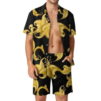Baroc Frunze Bărbați Seturi De Aur Floral Casual Pantaloni Scurți De Vară Trend Plajă Set Tricou Maneca Scurta Personalizat De Dimensiuni Mari Costum Cadou De Ziua De Nastere