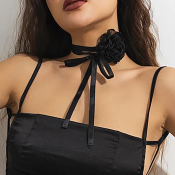 Gothic Black Rose Flori Cravată Colier pentru Femei Wed de Mireasa Elegante, Reglabile Panglică de Mătase Bowknot Lanț de Frânghie Y2K Accesorii