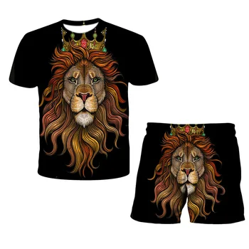 Lion King 3D de Imprimare de Vara Barbati O-Neck T-shirt Set Casual T-Shirt, pantaloni Scurți 2 buc Set Pulover Supradimensionat Trening Tendință Om Haine