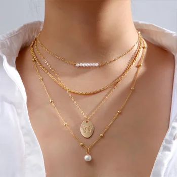 4buc/set Culoare de Aur Multistrat Fluture Pearl Colier Pandantiv Pentru Femei de Moda Lanț Cravată Colier Accesorii Bijuterii 2023