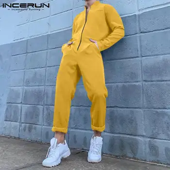 INCERUN Stil American Moda Nouă Bărbați Salopetă All-meci Simplu cu Fermoar Frontală Culoare Solidă Confortabil cu mâneci Lungi Salopeta S-5XL