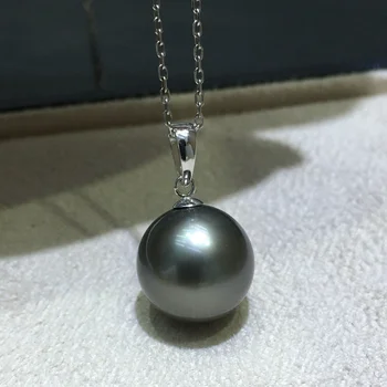 Aur Negru Păun Tahitain Apa de mare Perla Pandantiv AAA 12-13mm Mare Rotund Perla mai Puțin Defect de Bijuterii pentru Femei（cu Lanț）