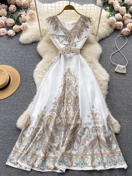 Moda de vara Volane Lenjerie Maxi Rochie pentru Femei rochie fără Mâneci V Gât Epocă de Imprimare de Înaltă Talie cu Centură Petrecere de Seara Lungi Vestidos