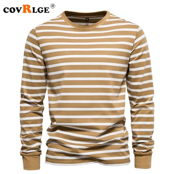 Covrlge 100% Bumbac Maneca Lunga Camasi Barbati cu Dungi de Contrast O-gât pentru Bărbați T-shirt Nouă Primăvară de Toamnă Calitate de Brand de Îmbrăcăminte Bărbați