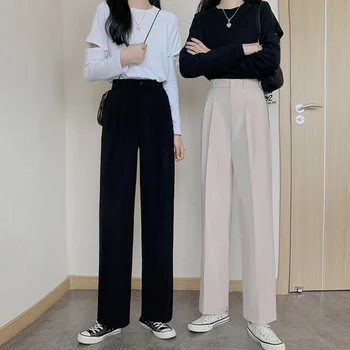 Stil coreean talie inalta femei vrac casual, talie elastic pantaloni costum