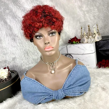 Bliss Roșu Scurt Umane Peruca de Păr Brazilian Remy de Păr Ondulat Peruci Mecanism Cret Pixie Cut Peruca pentru Femei Humna Păr Culoare Păr #27