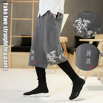 Stil japonez Bărbați Pantaloni Val Broderie Fals din Două piese, Pantaloni Harem Haori Vara Streetwear Pantaloni Largi Kimono Samurai